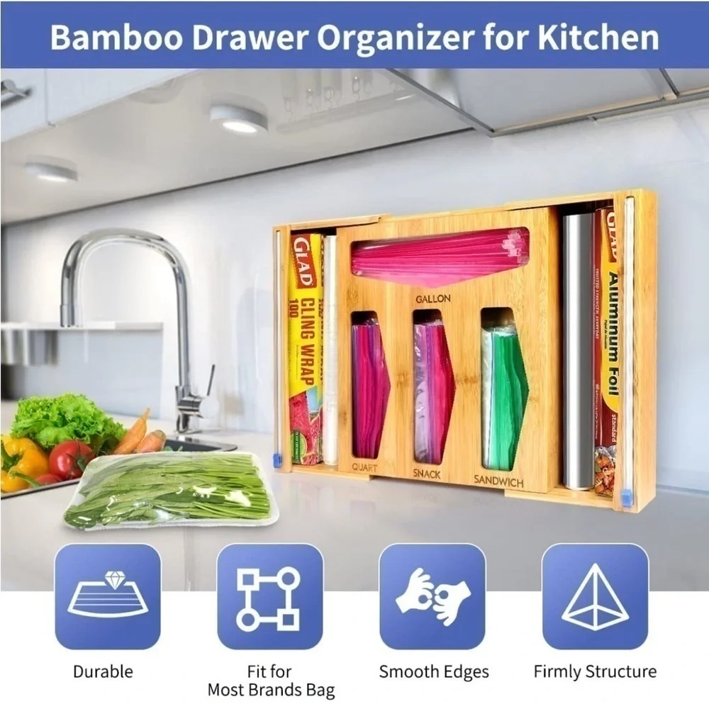 Brand New Ziploc Bag Storage Organizer Bamboo Expandable Wrap Dispenser & Cutter